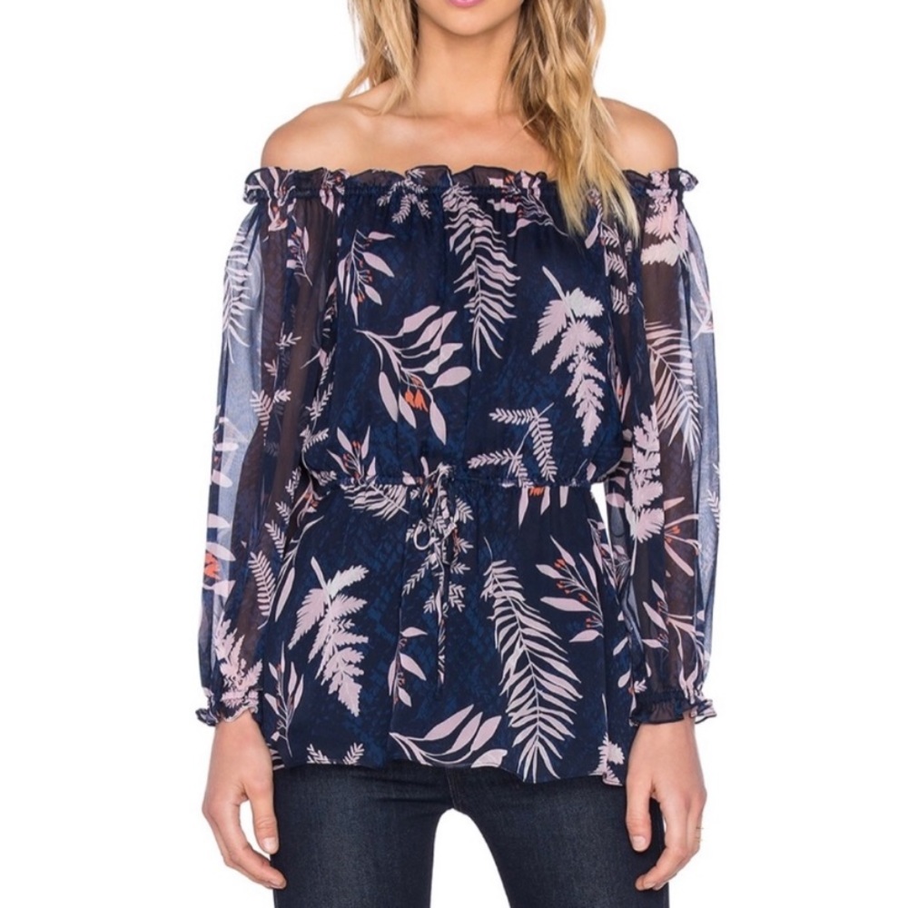Diane Von Furstenberg Navy and Pink Leaf Print Blouse